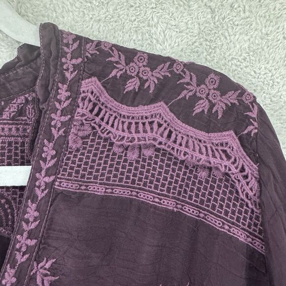 Johnny Was Top S Burgundy Floral Tunic Boho Embroidered V-Neck Long Sleeve - Picture 6 of 13
